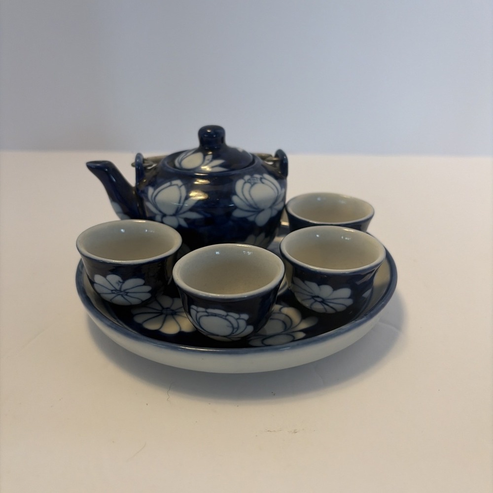 PhoMex Blue Teapot Miniature Tea Set Saki Set of 7 Pieces Vietnam Vintage